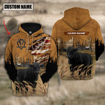 Uni Black Angus Custom Name US FLAG Pattern Hoodie