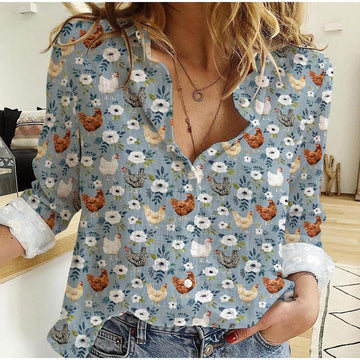 Unique Chicken Floral On Blue Avaleigh Casual Shirt