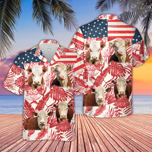 Unique Hereford Red Floral US Flag 3D Hawaiian Shirt