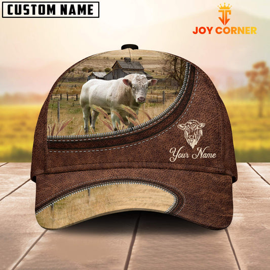 Uni Charolais Bull On The Farm Customized Name Leather Pattern Cap