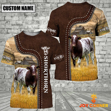 Uni Shorthorn Farm Custom Name Leather Pattern T-Shirt