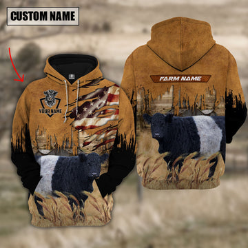 Uni Belted Galloway Custom Name US FLAG Pattern Hoodie