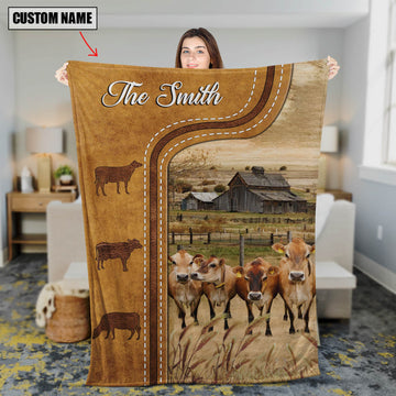 Uni Personalized Jersey Cattle In Field Farmhouse Blanket