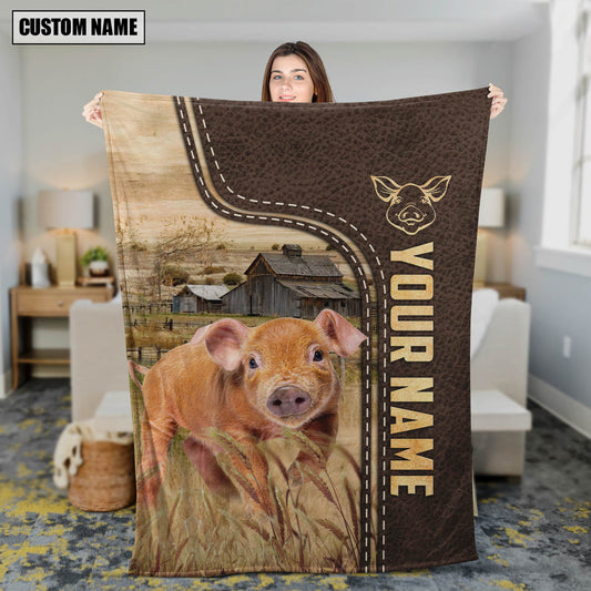 Uni Personalized Name Pig Brown Leather Pattern Blanket