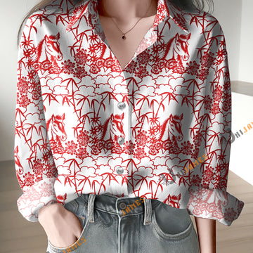 Unique Red Horse Bamboo Pattern Casual Shirt