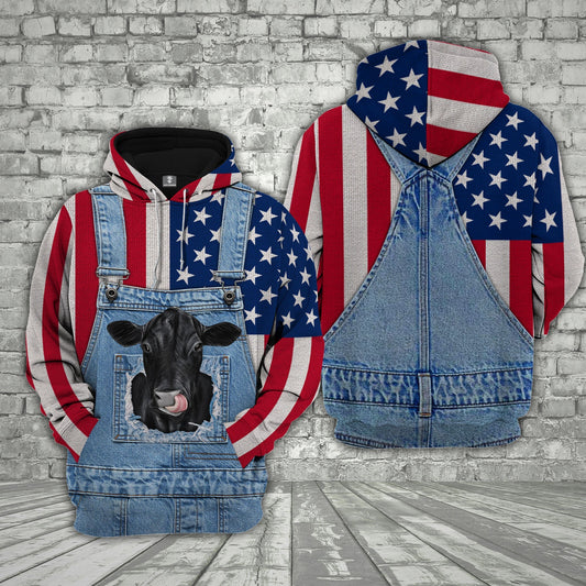 Uni Black Angus Cattle US Flag Farm Personalized 3D Hoodie