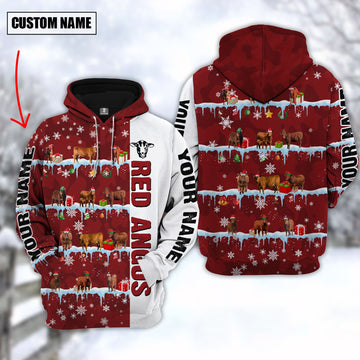 Uni Personalized Name Red Angus Cattle Christmas 3D Hoodie
