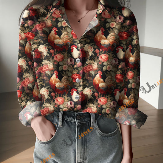 Unique Chickens in Flowerbed Pattern Casual Shirt