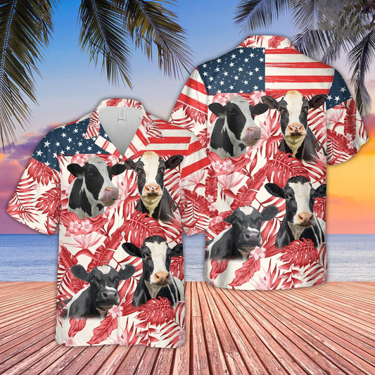 Unique Holstein Red Floral US Flag 3D Hawaiian Shirt