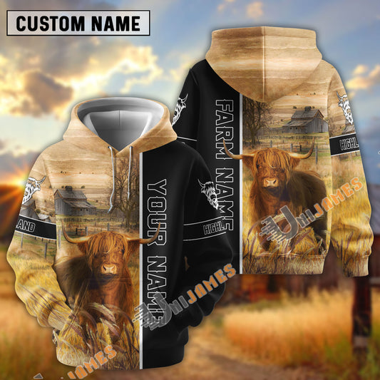 UniJames Half Black & Farm Highland Cattle Personalized Hoodie