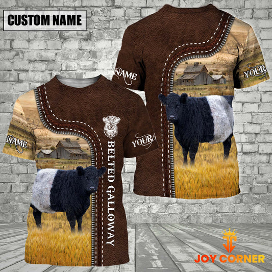 Uni Belted Galloway Farm Custom Name Leather Pattern T-Shirt