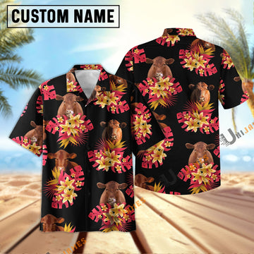 Unique Red Angus Black Red Flowers Pattern Hawaiian Shirt