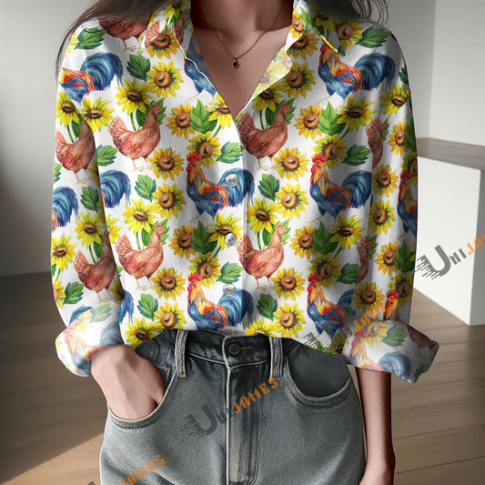 Unique Watercolor Chicken & Rooster Sunflower Pattern Casual Shirt