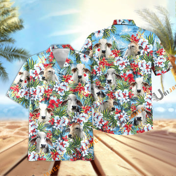 Unique Brahman Red and White Flowers 3D Hawaiian Shirt