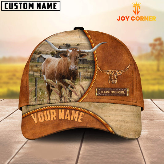 Uni Custom Name Texas Longhorn Leather Pattern Cap TT4