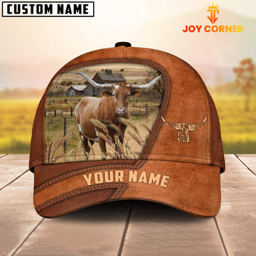 Uni Texas Longhorn Customized Name Brown Leather Pattern Cap