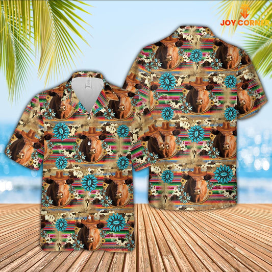 Uni Red Angus Cowboy Pattern 3D Hawaiian Shirt