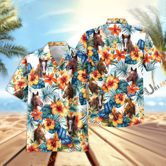 Unique Horse Colorful Summer Flowers and Leaves Hawaiian Shirt