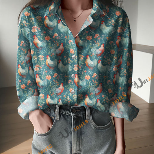 Unique Floral Chickens Hens Pattern Casual Shirt