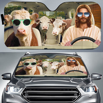 Uni Jesus Driving Hereford Cattle All Over Printed 3D Sun Shade