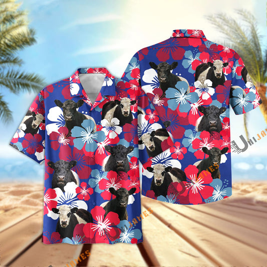 Unique Belted Galloway Flower Blue Red 3D Hawaiian Shirt