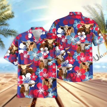 Unique Texas Longhorn Flower Blue Red 3D Hawaiian Shirt