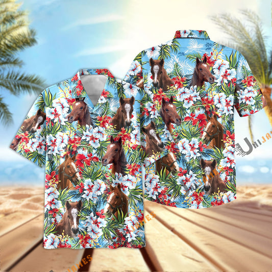 Unique Horse Red and White Flowers 3D Hawaiian Shirt