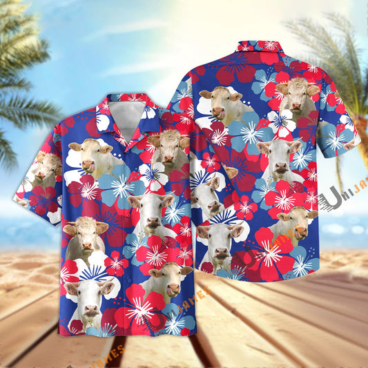 Unique Charolais Flower Blue Red 3D Hawaiian Shirt