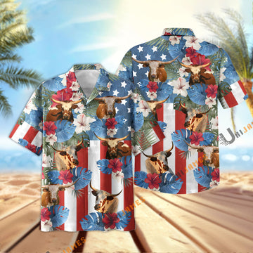 Uni Texas Longhorn US Flag Vintage 3D Hawaiian Shirt