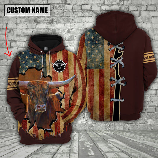 Uni Texas Longhorn US Flag Retro Personalized 3D Hoodie