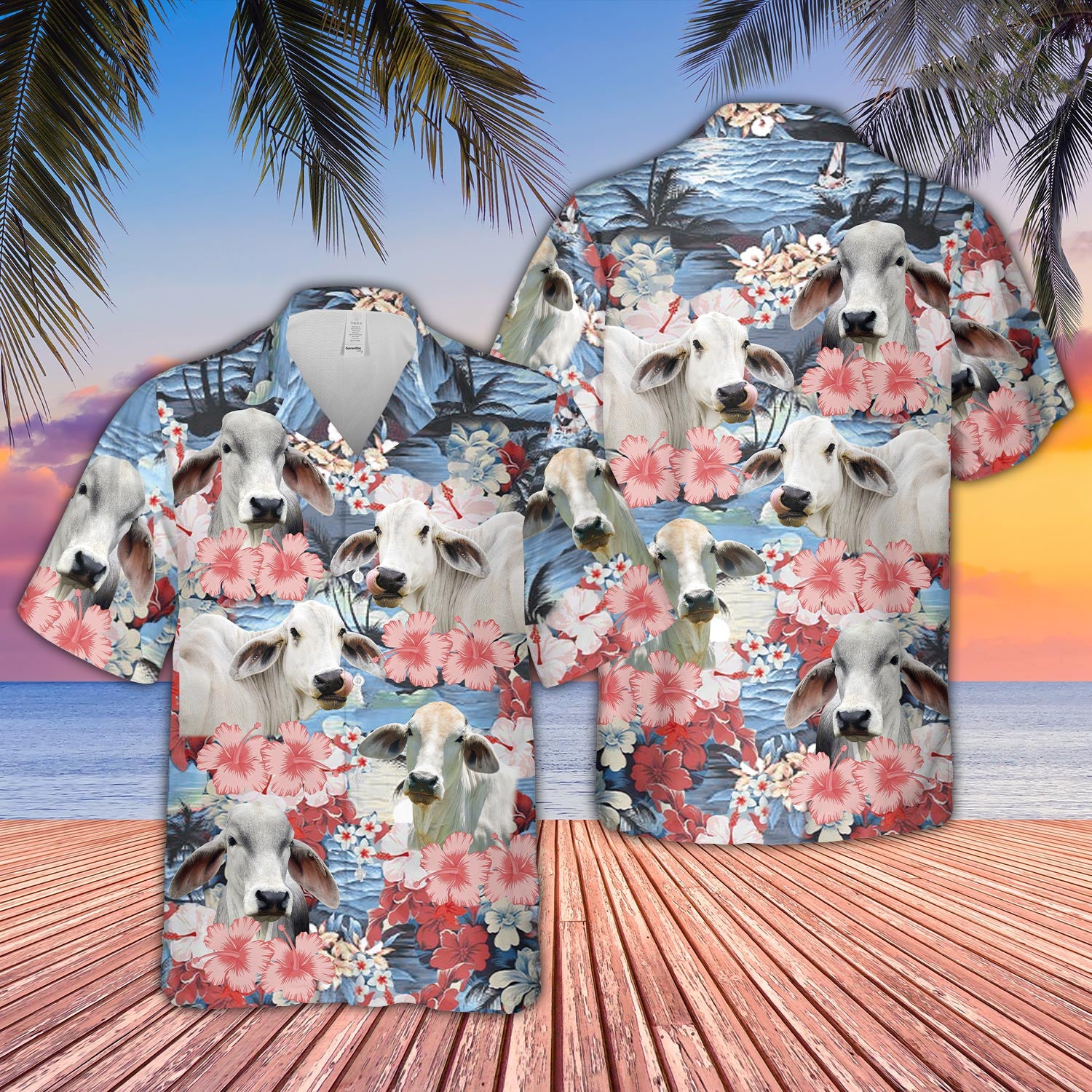 Vintage Brahman Hawaiian Shirt Tropical Sunset Hibiscus And Palm Tree Hawaii Shirt, Hawaiian Shirt For Men HO3622 main image 1