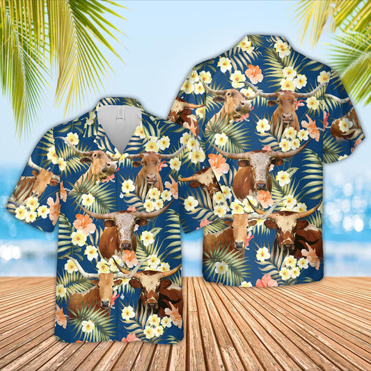 Unique Texas Longhorn Summer Blue Floral 3D Hawaiian Shirt
