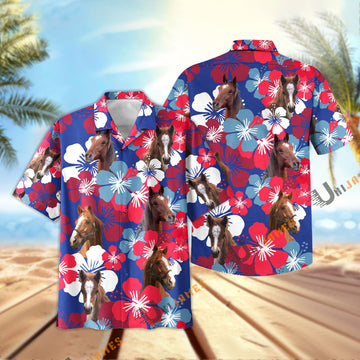 Unique Horse Flower Blue Red 3D Hawaiian Shirt