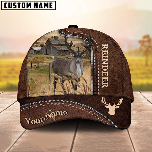 Uni Reindeer Customized Name Leather Pattern Cap