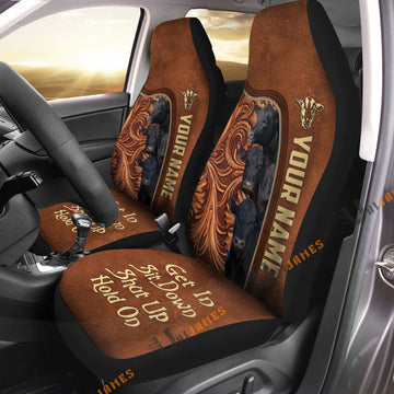 Uni Black Angus Personalized Name Farming Life Leather Pattern Car Seat Covers Universal Fit (2Pcs)