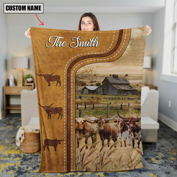 Uni Personalized Texas Longhorn Cattle In Field Farmhouse Blanket