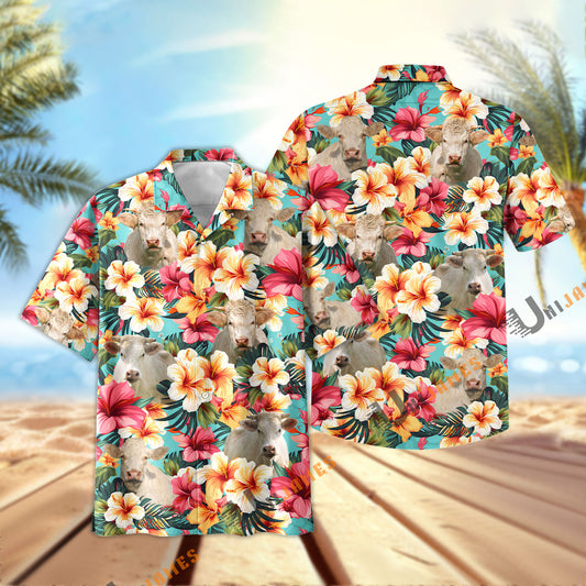 Unique Charolais Tropical Flower Pattern Seamless Hawaiian Shirt