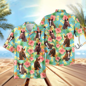 Uni Horse Tropical Plants Leaves 3D Hawaiian Shirt