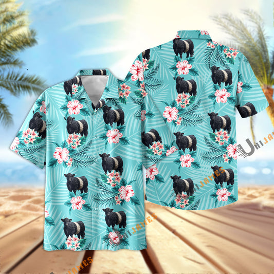 Uni Belted Galloway Aloha Cyan Color Hawaiian Shirt
