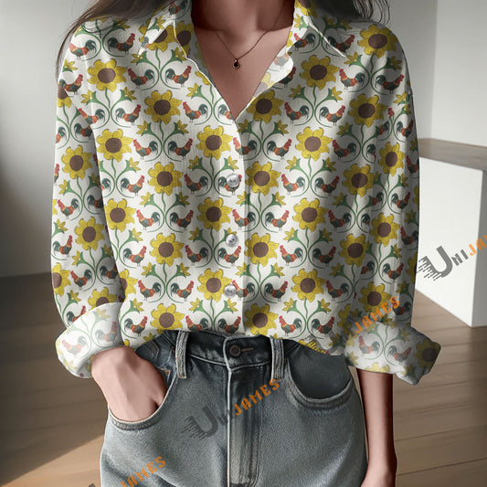 Unique Roosters and Sunflowers Natural White Pattern Casual Shirt