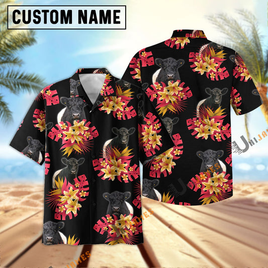 Unique Belted Galloway Black Red Flowers Pattern Hawaiian Shirt