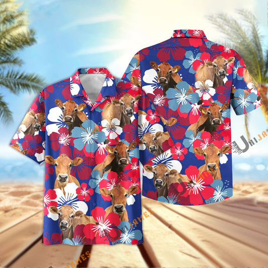 Unique Jersey Flower Blue Red 3D Hawaiian Shirt