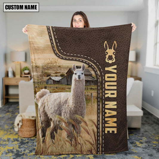 Uni Personalized Name Llama Leather Pattern Blanket