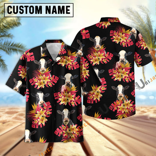 Unique Holstein Black Red Flowers Pattern Hawaiian Shirt