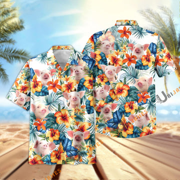 Unique Pig Colorful Summer Flowers and Leaves Hawaiian Shirt