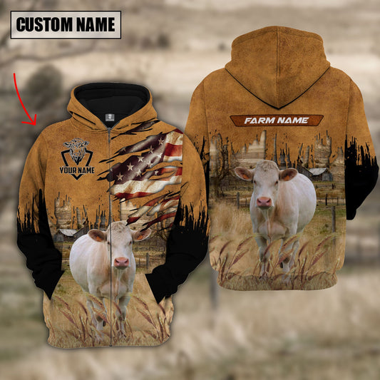 Uni Charolais No Horn Custom Name US FLAG Pattern Hoodie