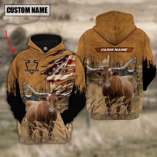 Uni Texas Longhorn Custom Name US FLAG Pattern Hoodie