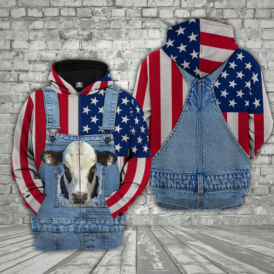 Uni Black Baldy Cattle US Flag Farm Personalized 3D Hoodie
