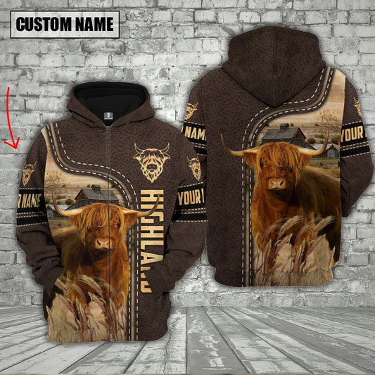 Uni Highland Cattle Brown Leather Personalized 3D Hoodie