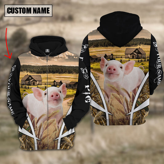 Uni Pig Custom Name Meadow Pattern Black Hoodie